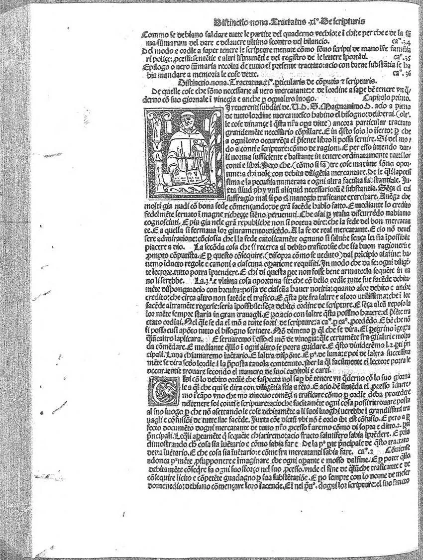 Страница «Summa de arithmetica» Луки Пачоли 1494 года с колонтитулом Distinctio nona Tractatus xi De scripturis — начало трактата о записях, с гравированным инициалом